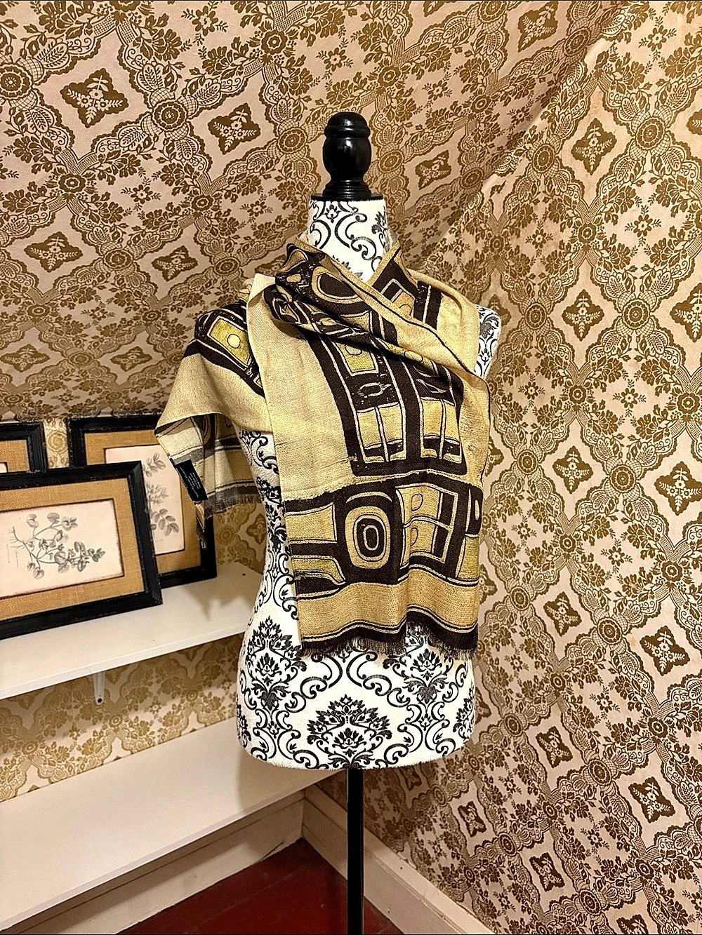 Peabody Essex Museum 100% Wool Geometric Art Scarf Brown Tan